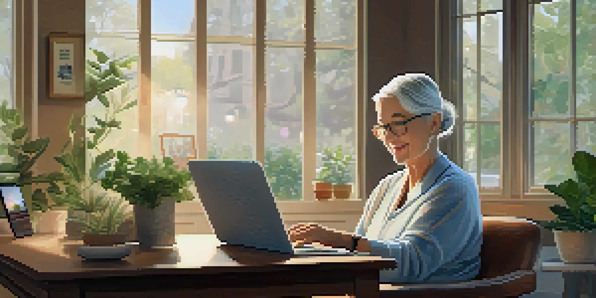 An older adult woman having a video consultation with a healthcare provider in her living room, surrounded by houseplants and family photos.