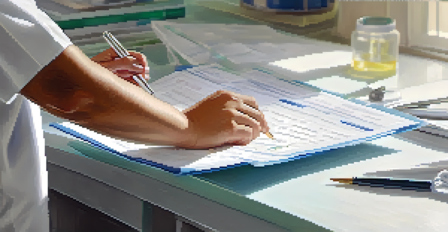 A healthcare professional examining a patient’s chart in a well-lit clinic, with shelves of medical supplies in the background.
