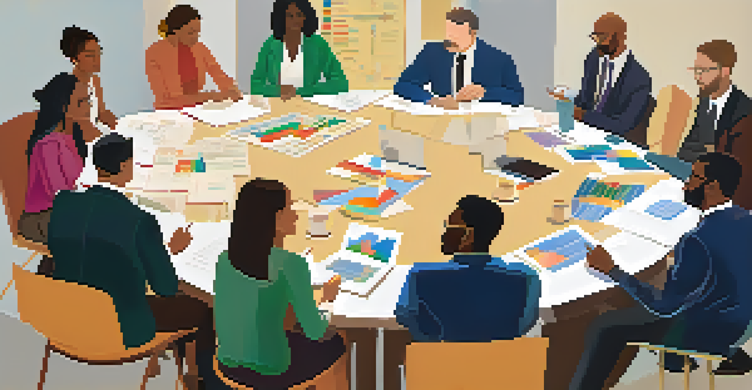 A diverse group of individuals discussing around a table, sharing ideas with charts and notes visible.