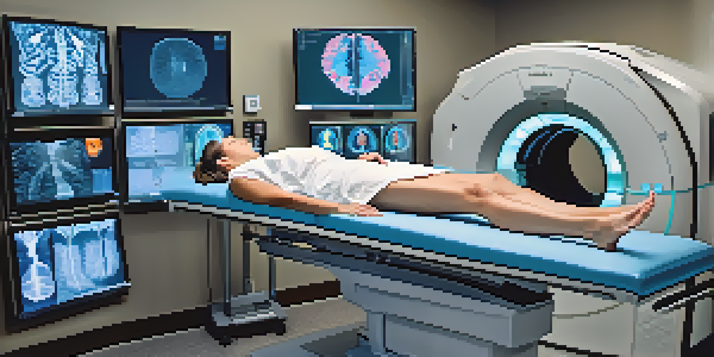 A patient undergoing a PET scan in a modern medical facility, with a medical professional observing the scan results on a computer screen.
