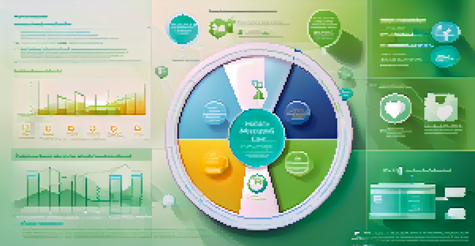 An infographic showing healthcare metrics with graphs and icons, set against a blue to green gradient background.