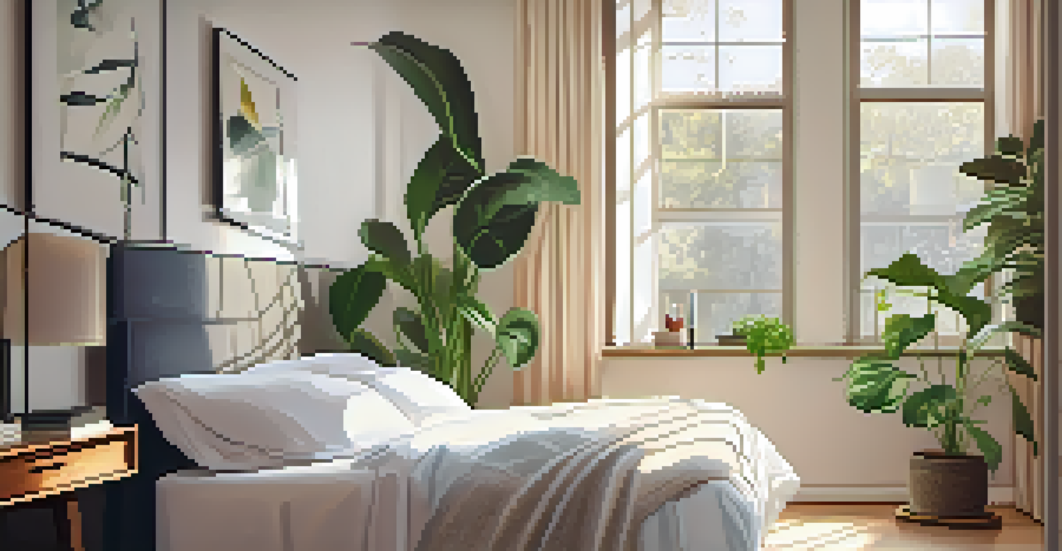 A cozy bedroom with indoor plants by a window and an air purifier on the bedside table.