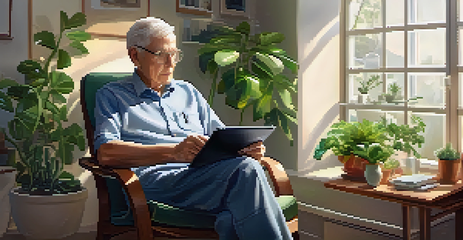 An elderly man sitting in an armchair using a tablet to check health data, with houseplants around and natural light coming through a window.