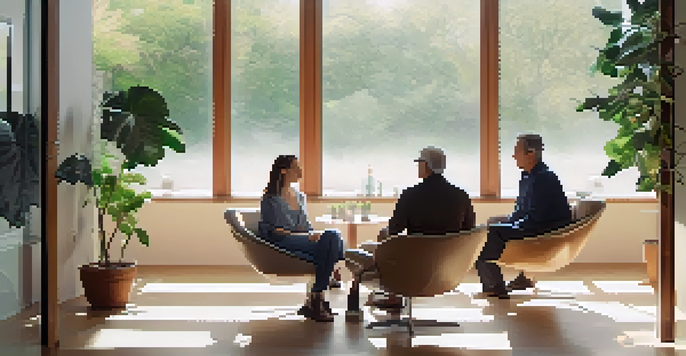 A diverse group of clinical trial participants discussing their experiences in a bright, serene room with natural light and potted plants.