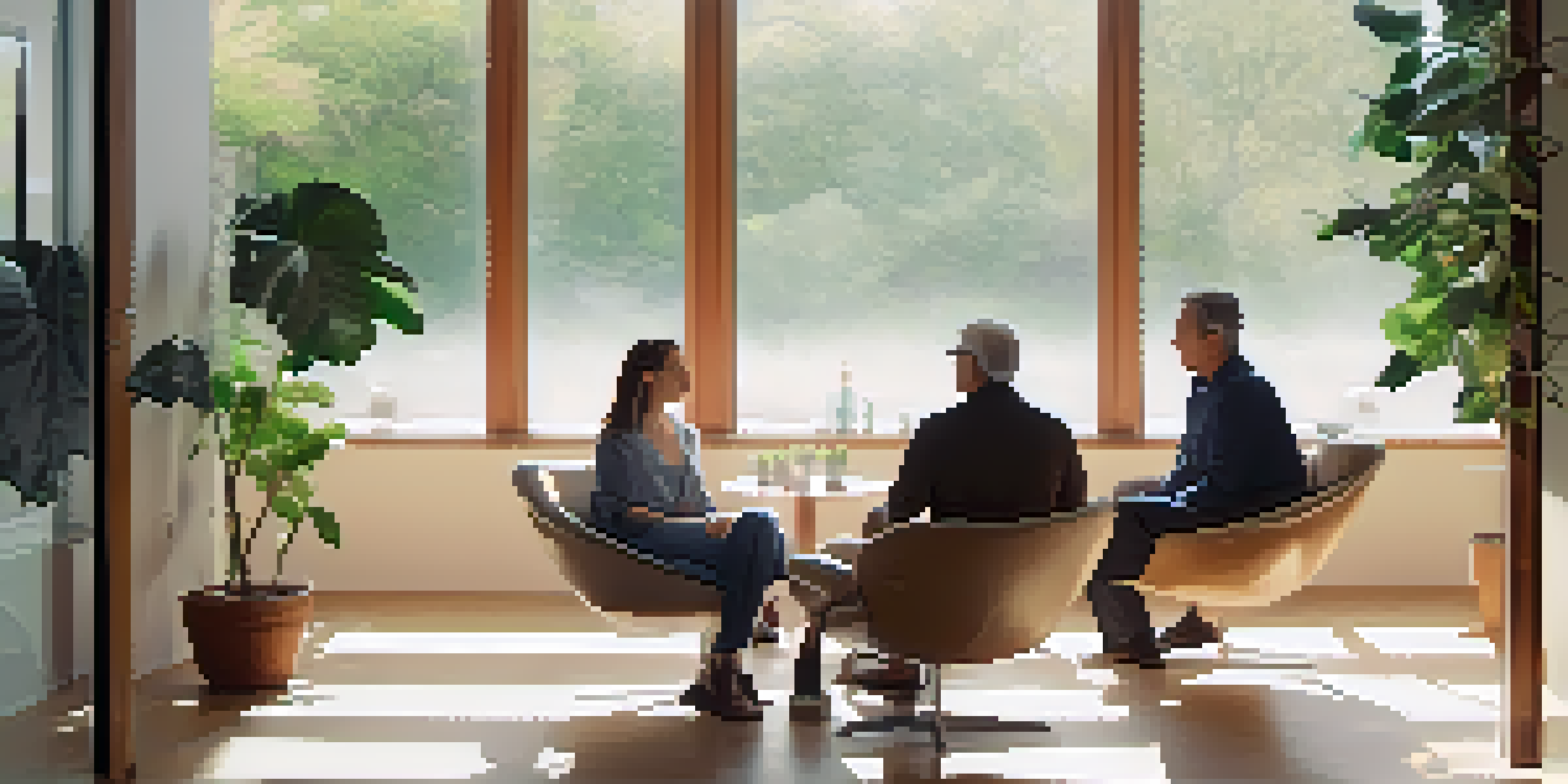A diverse group of clinical trial participants discussing their experiences in a bright, serene room with natural light and potted plants.