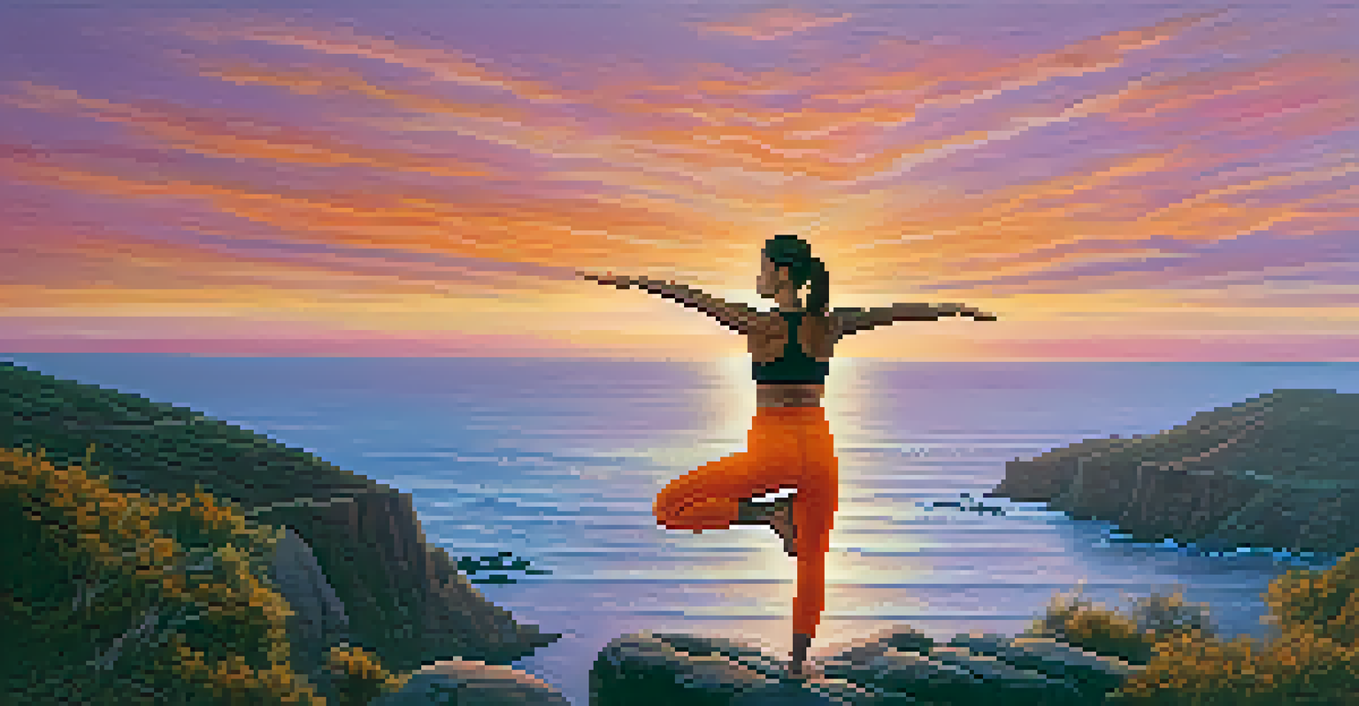 A person practicing yoga on a cliff at sunset, with a beautiful ocean view and colorful sky.