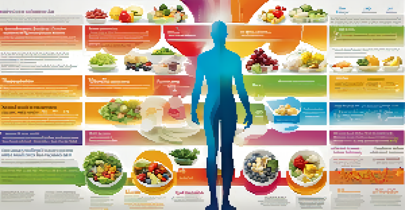 An infographic illustrating personalized nutrition with a person enjoying a healthy meal alongside genetic sequences, symbolizing the concept of nutrigenomics.