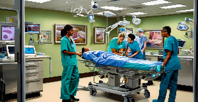 A diverse team of medical professionals in an emergency room rapidly assessing a trauma patient on a stretcher, with bright lights and medical equipment around them.