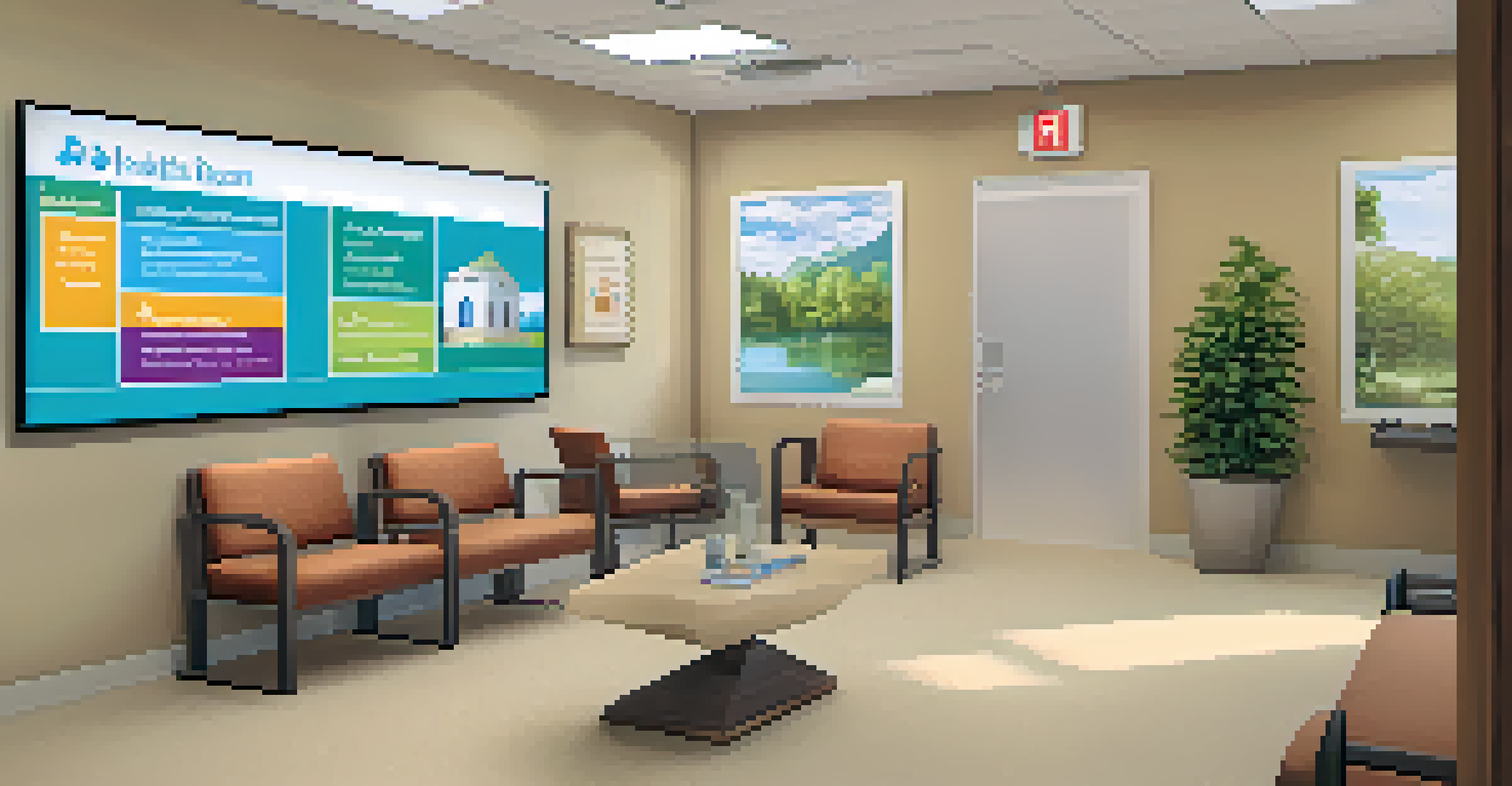 A welcoming healthcare waiting room with comfortable seating and a digital screen displaying health tips.