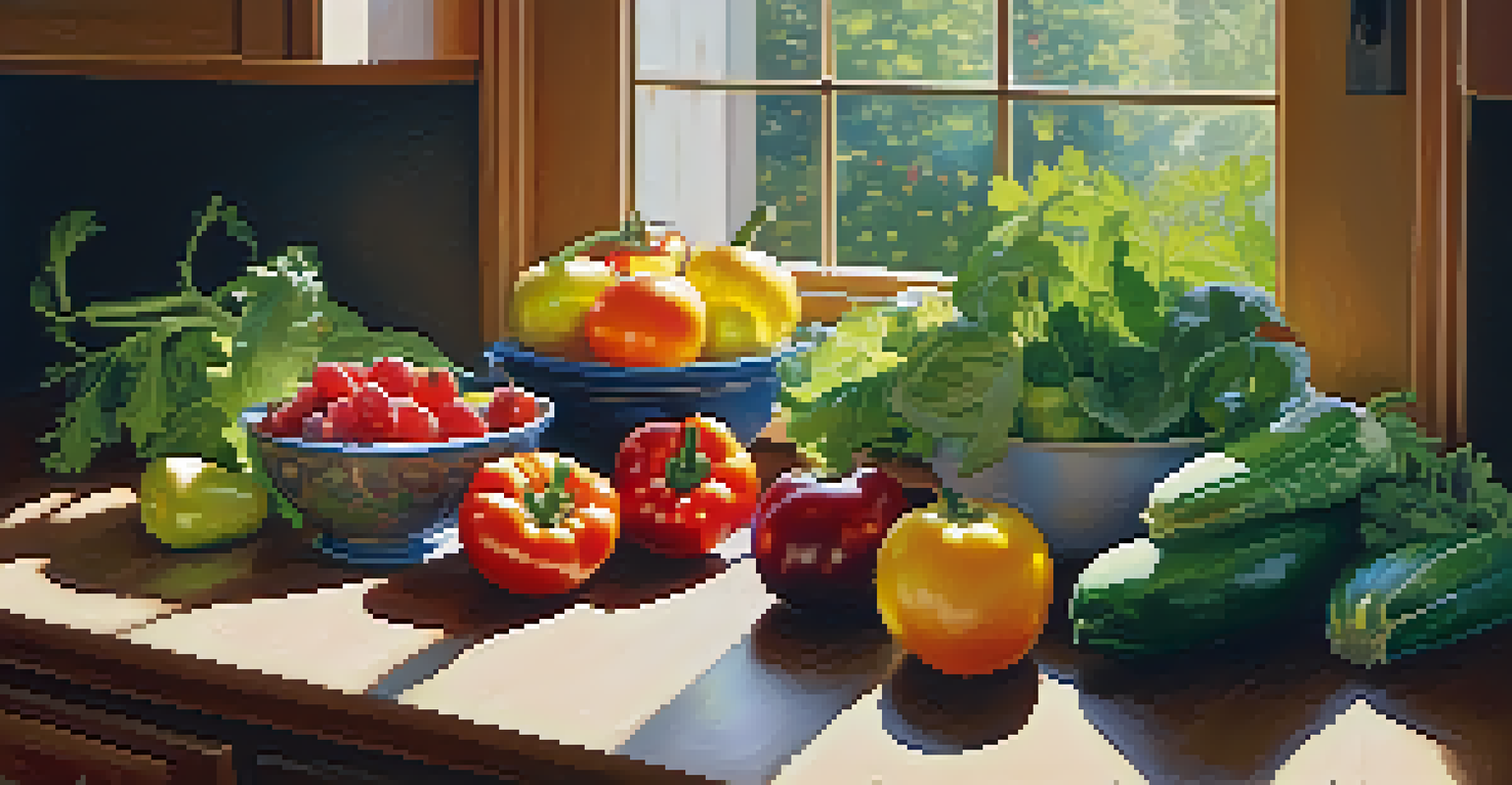 A brightly lit kitchen countertop filled with fresh fruits and vegetables, highlighting a healthy diet.