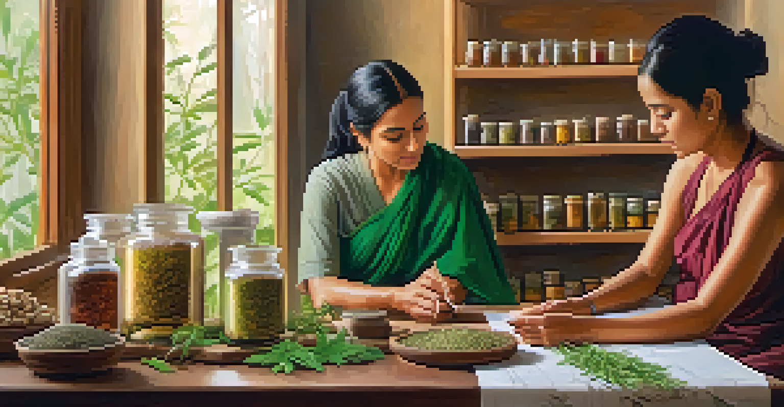 An Ayurvedic practitioner consulting with a patient over herbal remedies in a warm indoor setting.