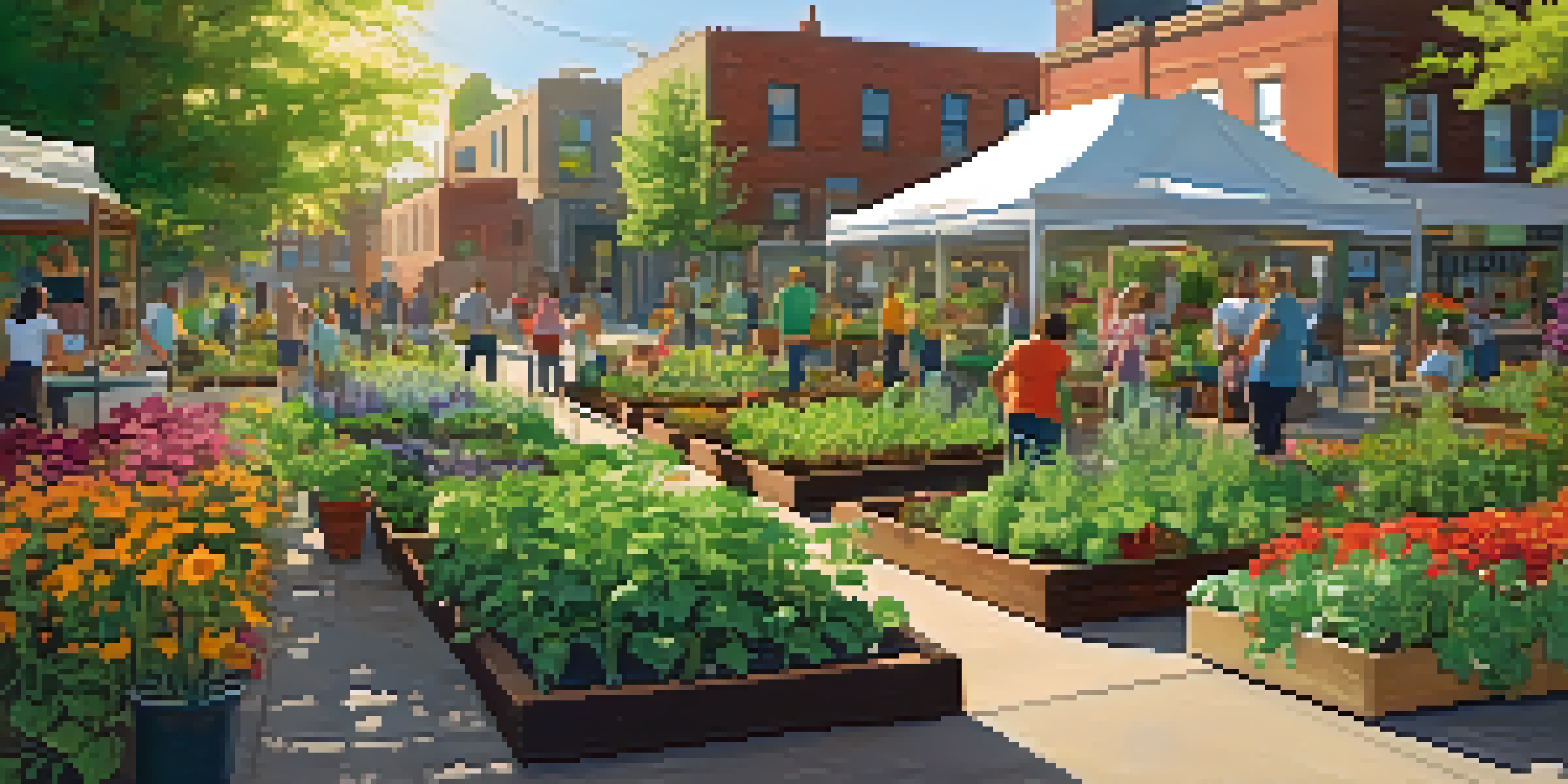 A community garden with diverse people planting vegetables and flowers in an urban area, with sunlight shining through trees.