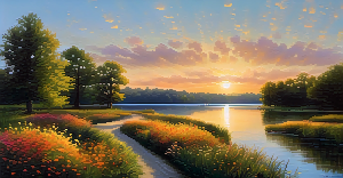 A peaceful view of a tree-lined path leading to a calm lake during sunset, with colorful wildflowers in the foreground.