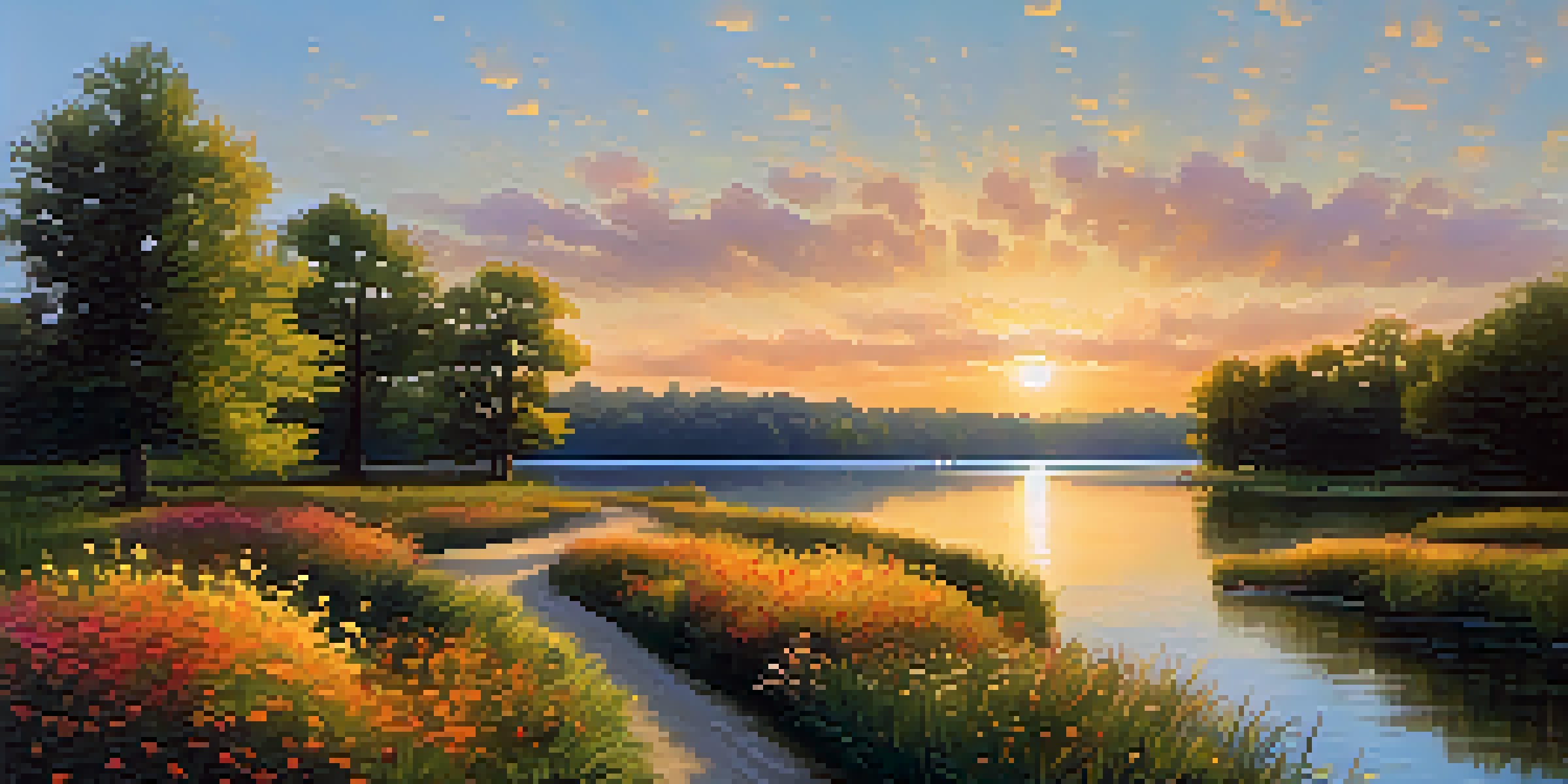 A peaceful view of a tree-lined path leading to a calm lake during sunset, with colorful wildflowers in the foreground.