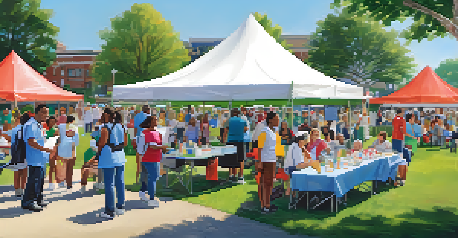A community health event in a park with healthcare workers providing information to families.