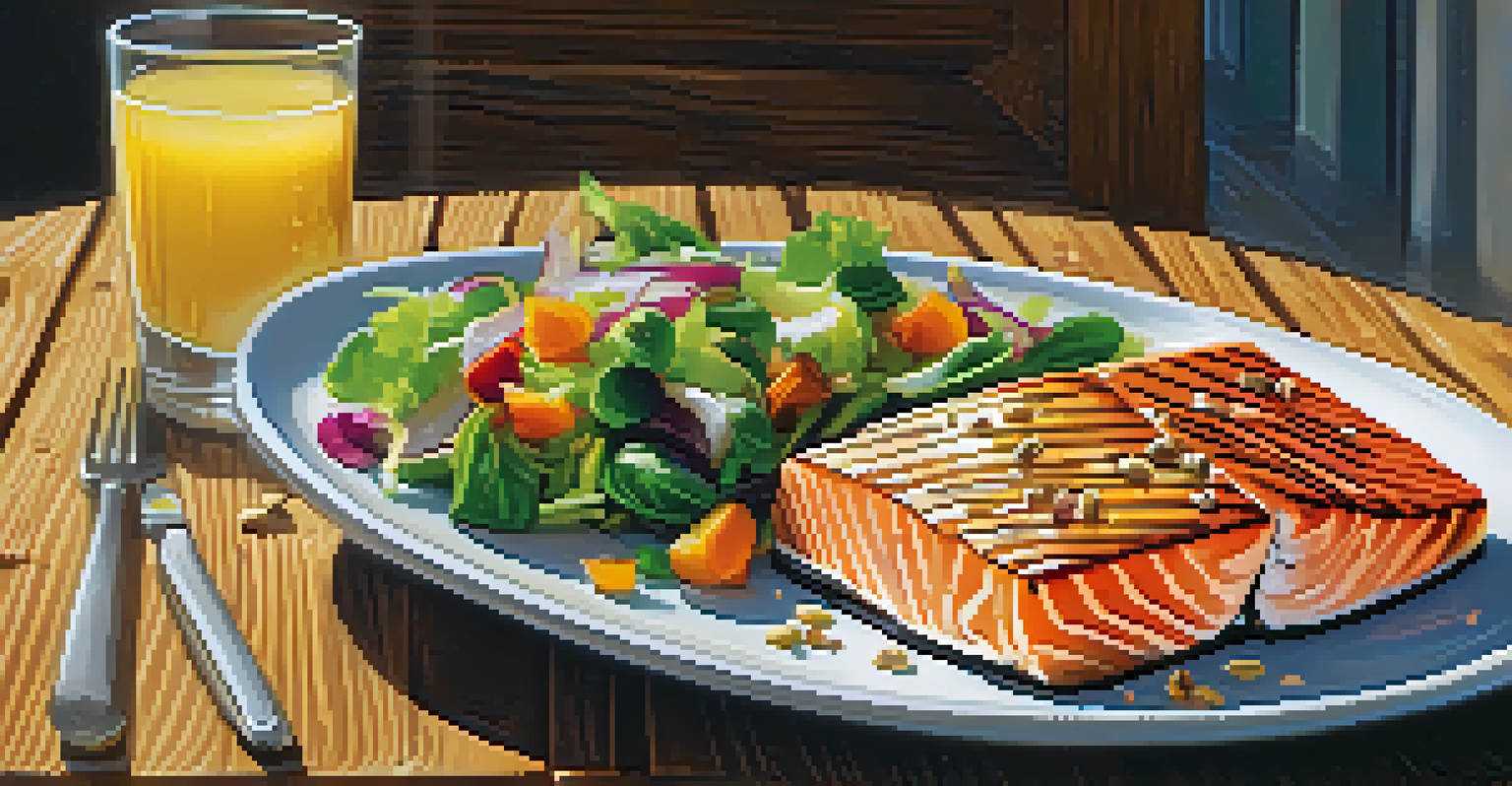 A heart-healthy meal featuring grilled salmon and a colorful salad on a wooden table, with natural light creating soft shadows.