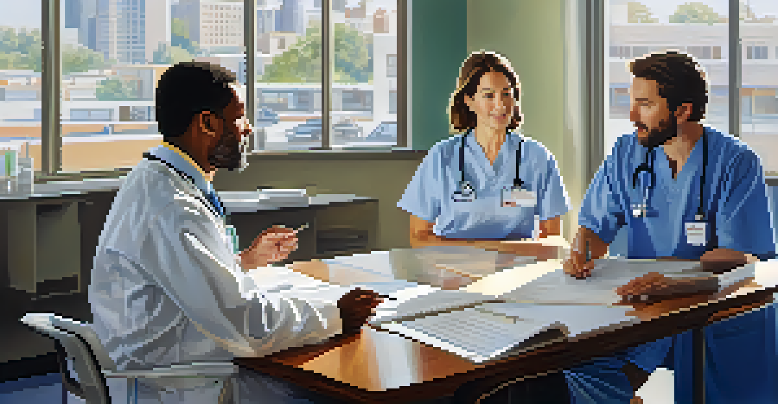 A pharmacist, physician, and nurse engaged in a discussion about patient care in a well-lit meeting room with medical charts.