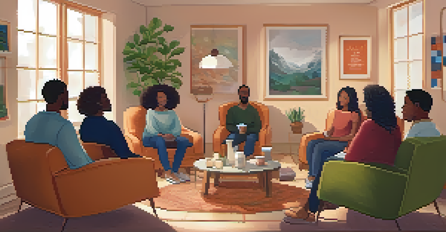 A supportive group therapy session with diverse individuals sharing their experiences in a cozy room.