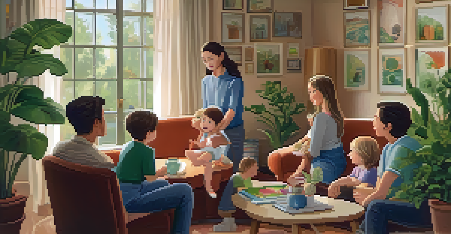A family discussing healthy choices in a cozy living room, illustrating communication and support among family members.