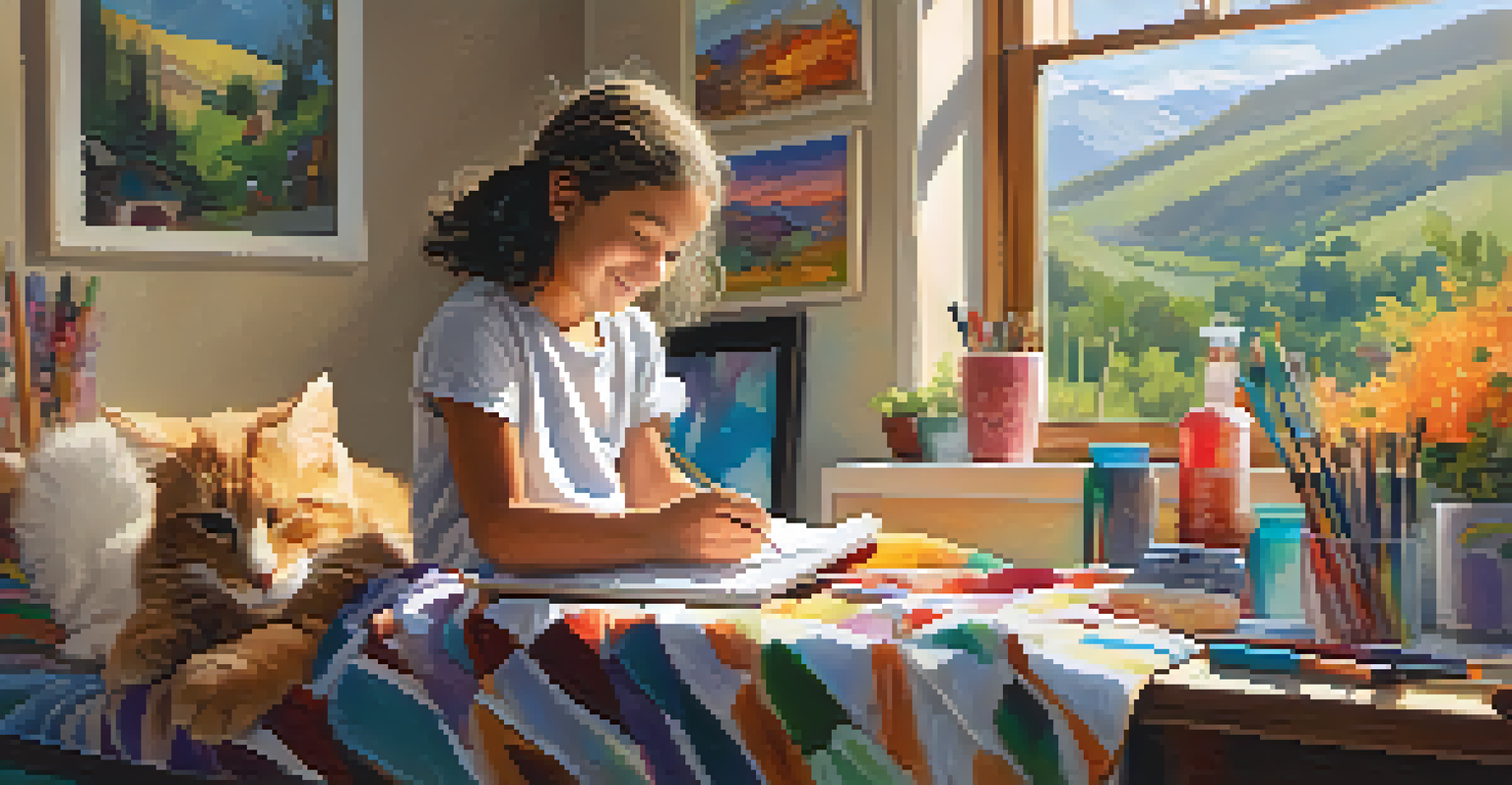 A young patient happily painting in a sunlit corner of their home, surrounded by art supplies and a pet cat.