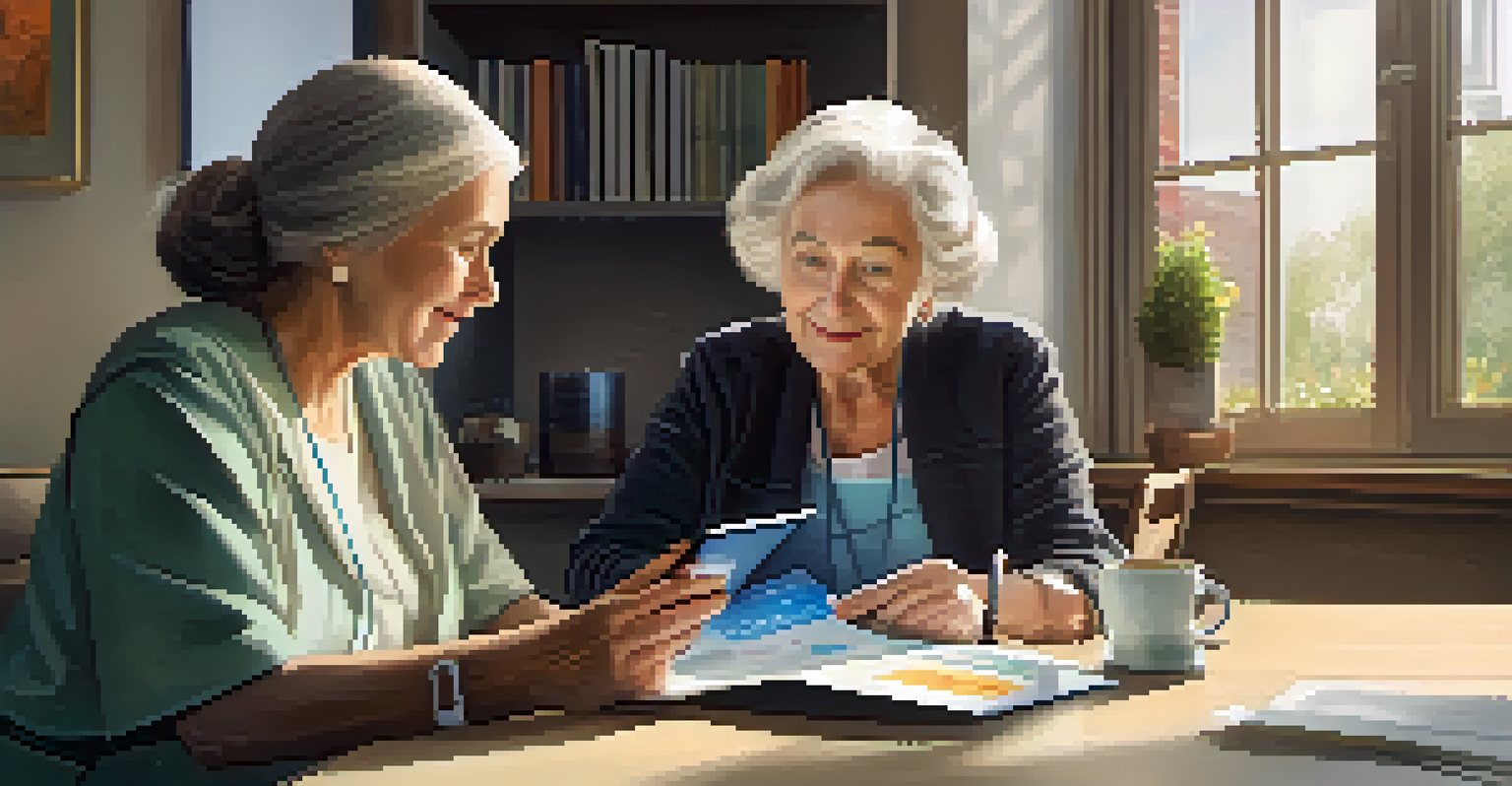 An elderly woman and a healthcare professional discussing health information at a table filled with educational materials and technology.