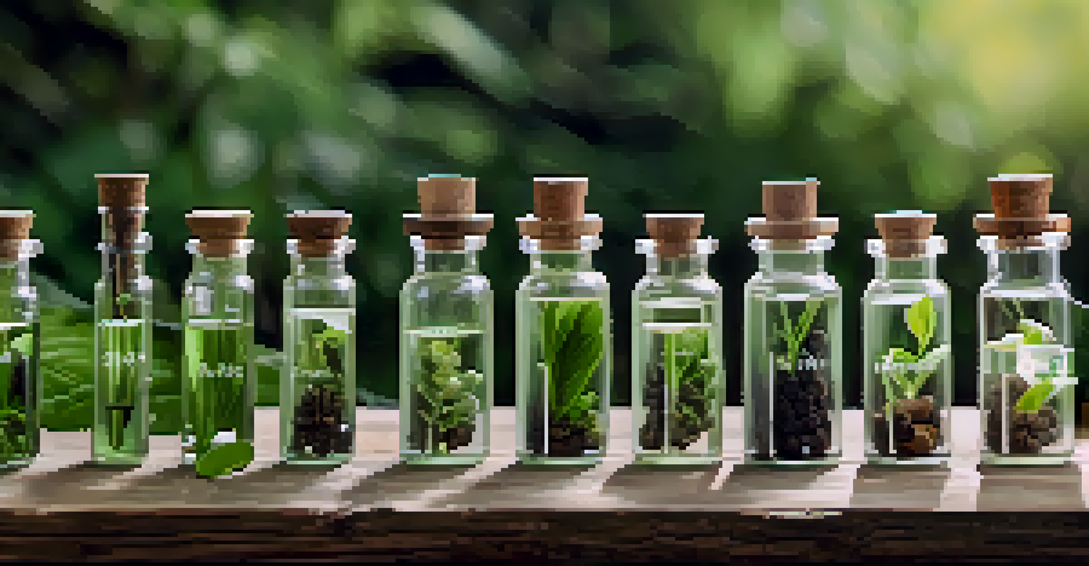 A close-up of a homeopathic remedy kit with glass vials and natural ingredients on a rustic wooden table surrounded by green plants.