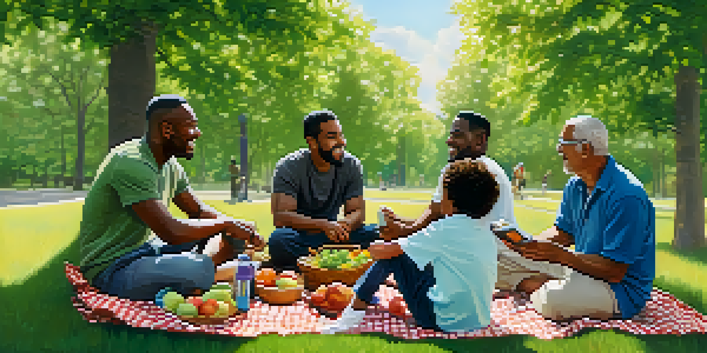 A diverse group of men in a park discussing health, surrounded by greenery and flowers, creating a supportive atmosphere.