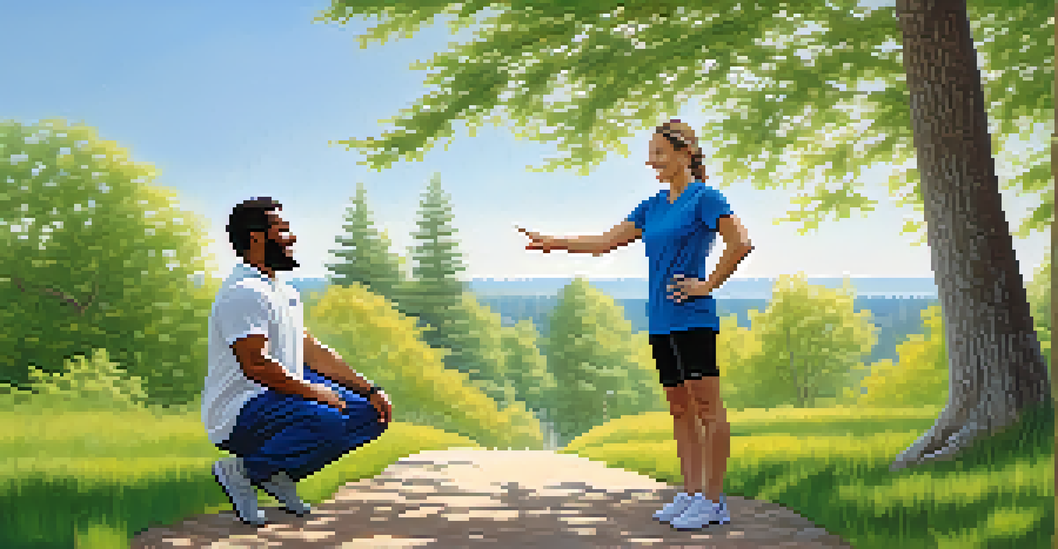 A health coach showing a stretching exercise to a client on a nature trail, surrounded by green trees and a blue sky.