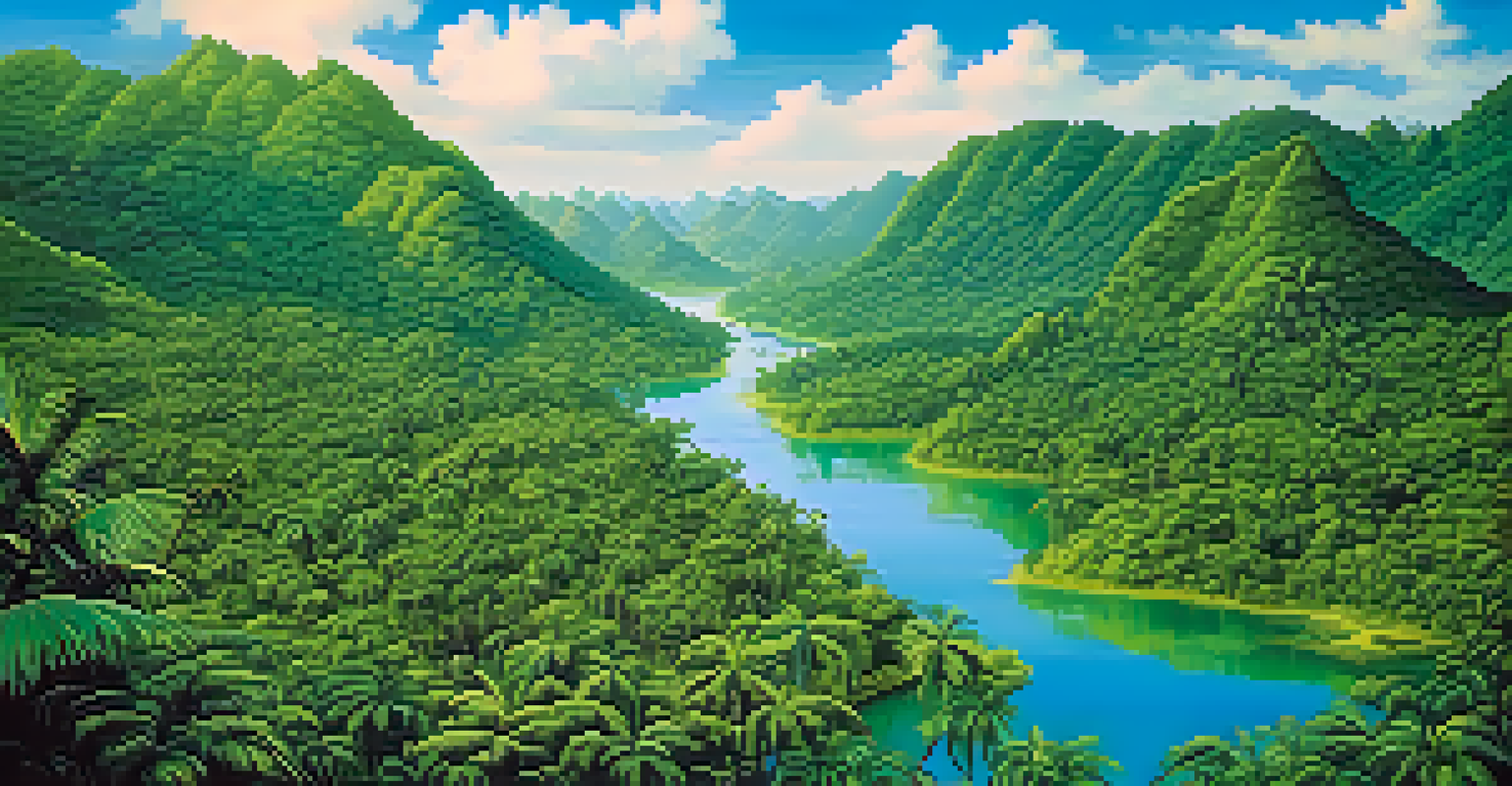 A tropical landscape with rainforests and a blue sky, featuring subtle illustrations of mosquitoes to represent yellow fever transmission.