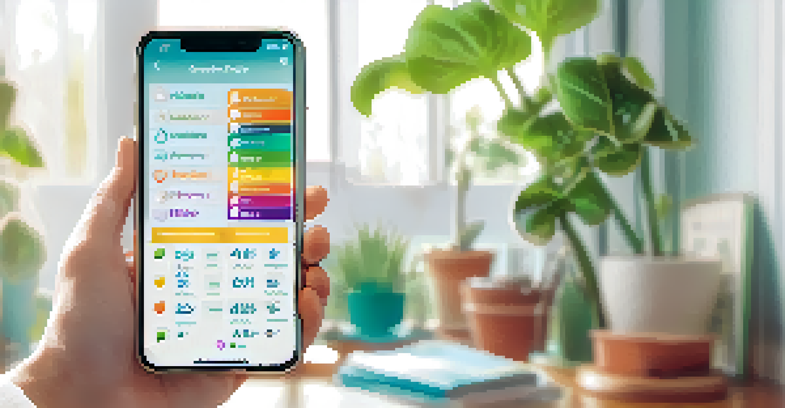A person looking at a mobile health app on their smartphone, with colorful health statistics displayed on the screen, in a cozy room filled with plants.