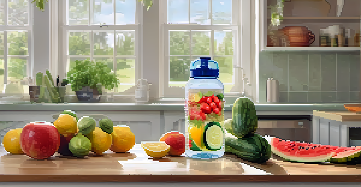 A reusable water bottle with clear water next to fresh cucumbers and watermelon on a kitchen countertop.