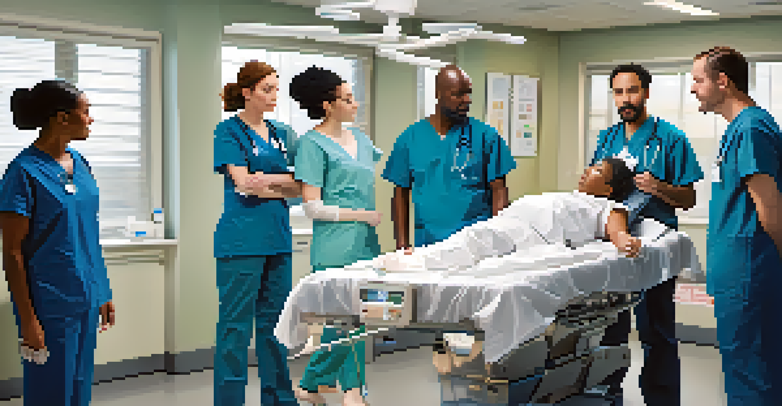 A diverse group of healthcare professionals collaborating in a simulated emergency scenario in a hospital environment.