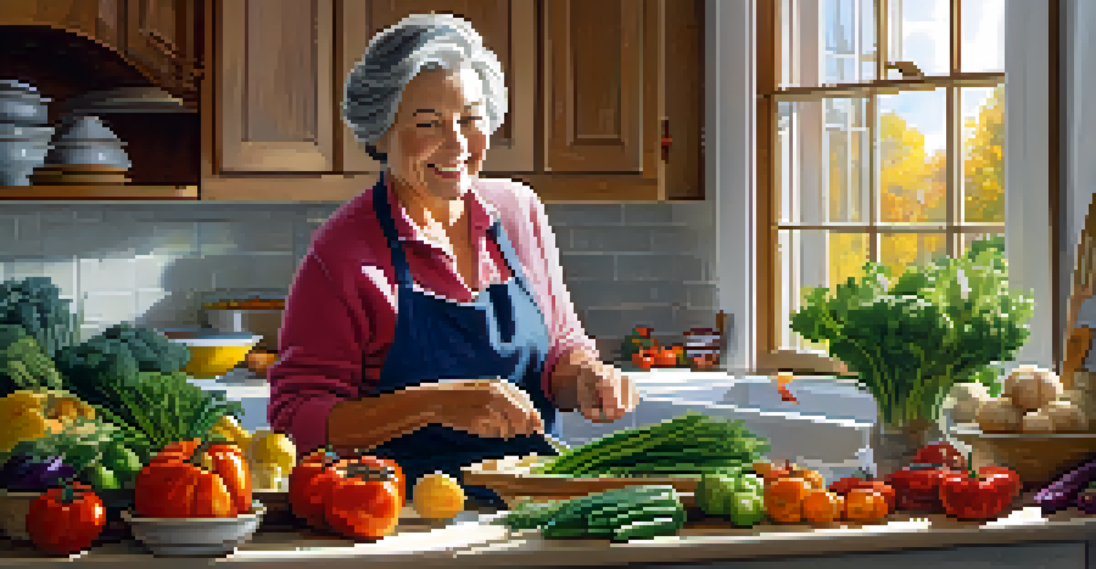 An older woman happily cooking a healthy meal in a bright, cozy kitchen.