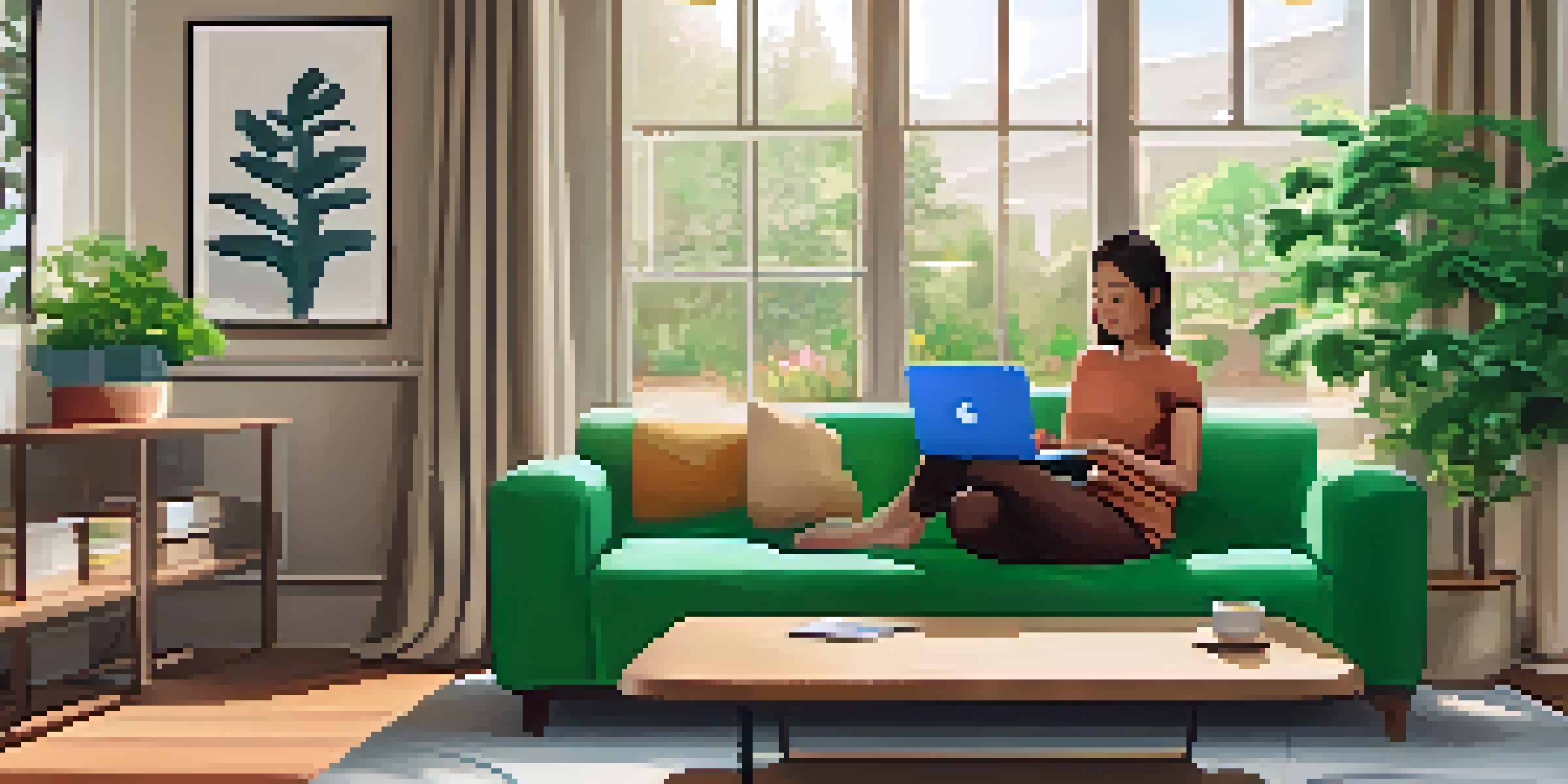 A person engaged with a health management app in a cozy living room filled with plants and natural light.