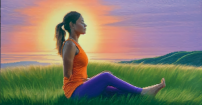 A person practicing yoga on a hilltop at sunset, surrounded by vibrant green grass and a colorful sky.
