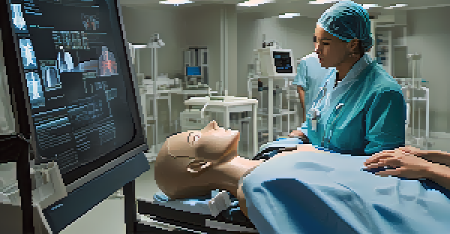 A healthcare provider examining a medical mannequin during a simulated emergency, with vital signs displayed on monitors.