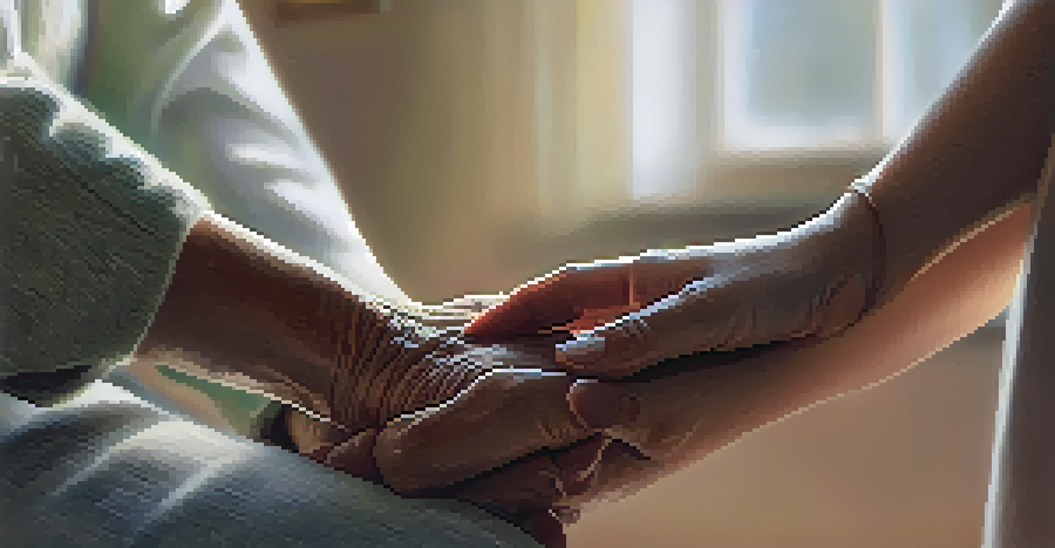 A caregiver gently holding a patient's hand, highlighting their emotional connection in a soft-lit environment.