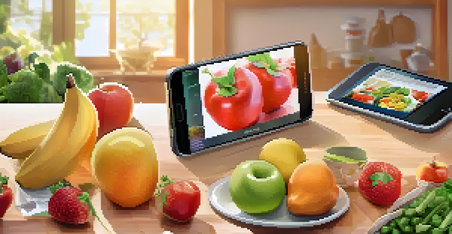 A smartphone with a health education app surrounded by fresh fruits and vegetables in a sunny kitchen setting.