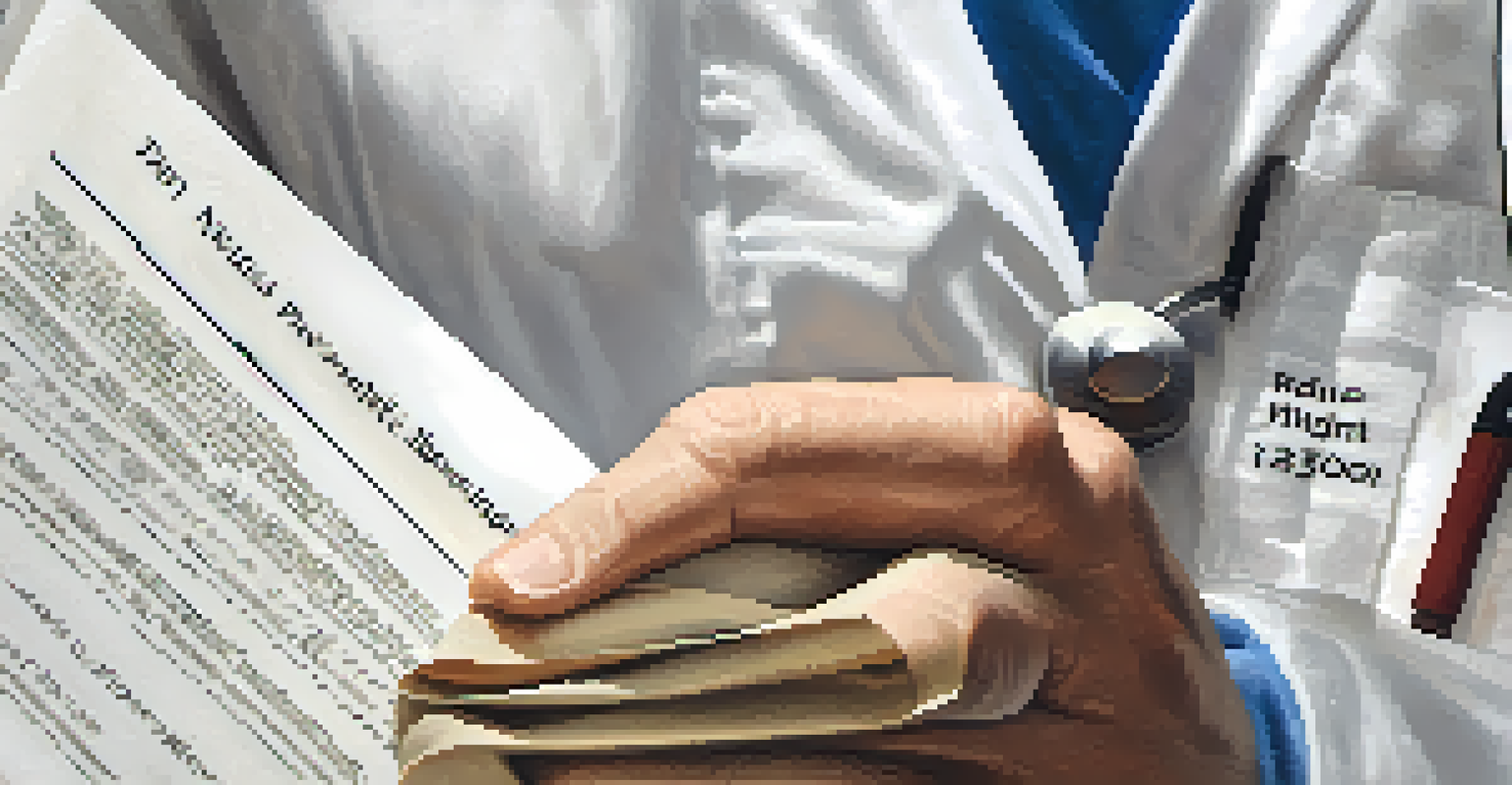A close-up of a patient's hands holding a medical document about patient rights, with a focused expression on their face.