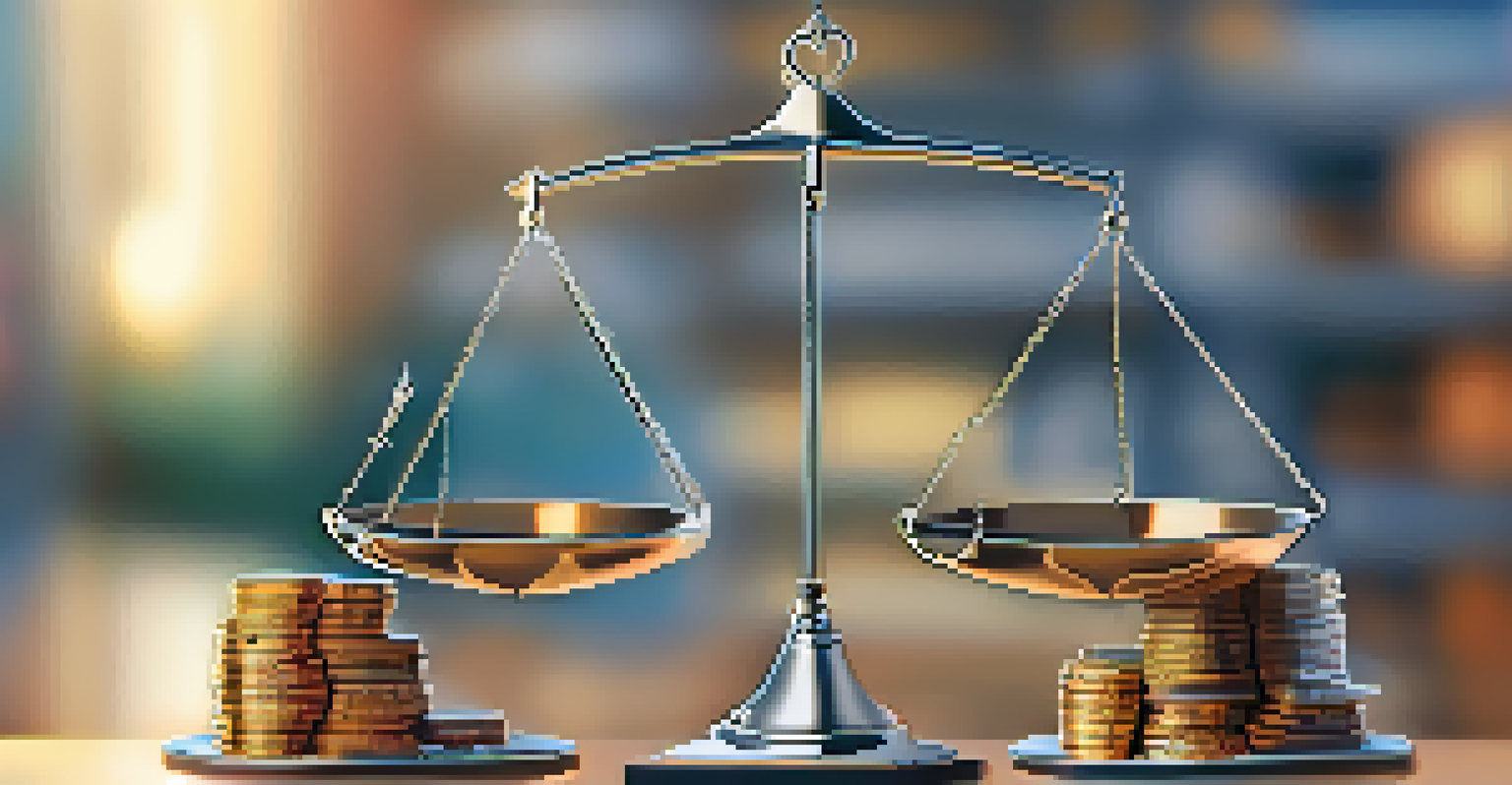 A set of scales balancing stacks of coins on one side and a heart symbol on the other, set against a blurred hospital background.