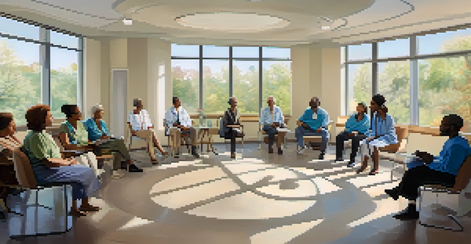A diverse group of patients in a well-lit room discussing their healthcare experiences, with a healthcare professional taking notes.
