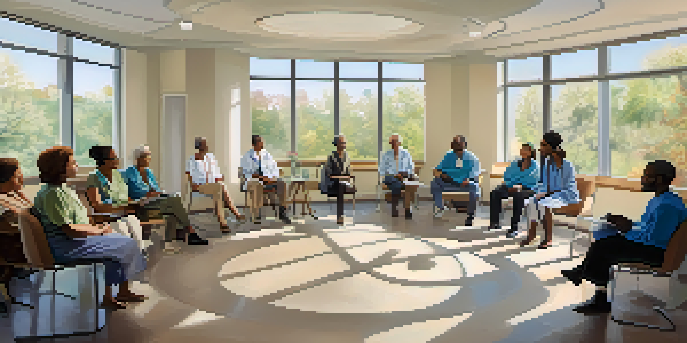 A diverse group of patients in a well-lit room discussing their healthcare experiences, with a healthcare professional taking notes.