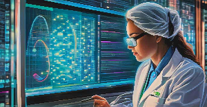 A medical professional reviewing a DNA strand displayed on a digital screen in a modern laboratory.