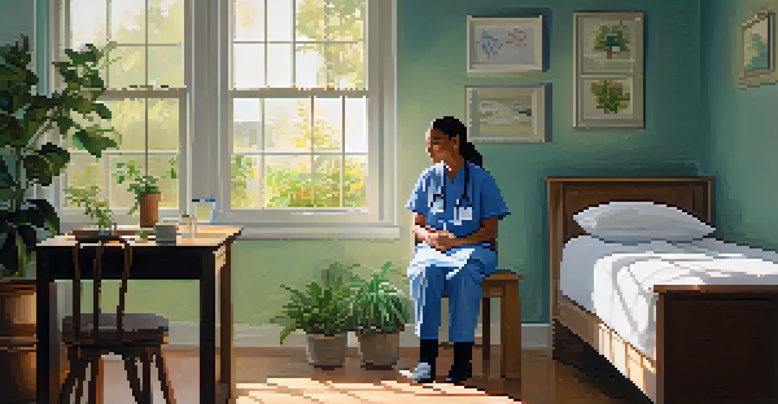 A nurse and a patient engaged in a supportive conversation in a warm, inviting room filled with natural light and calming decor.