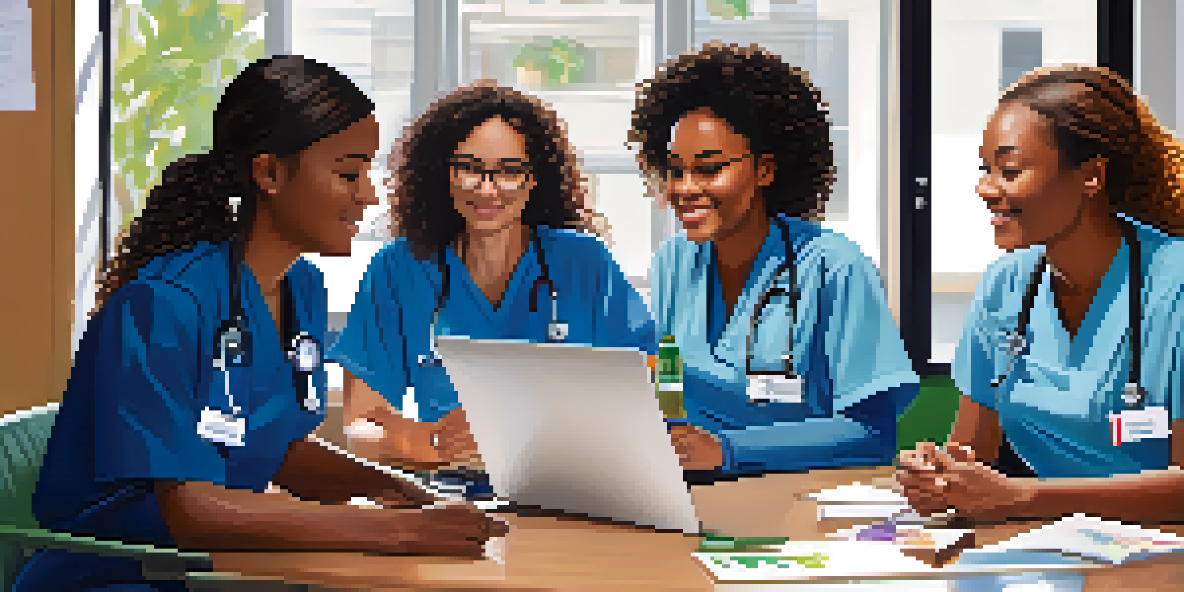 A group of mental health nurses working together at a table in a modern healthcare setting, emphasizing collaboration and teamwork.