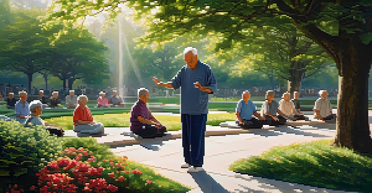 An elderly man practicing tai chi in a park, surrounded by greenery and flowers, illuminated by morning light.