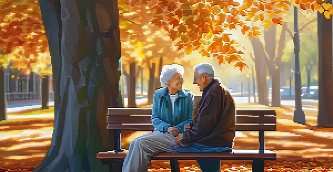 An elderly couple sitting on a bench in a park during autumn, surrounded by colorful leaves and a small dog, with soft sunlight filtering through the trees.