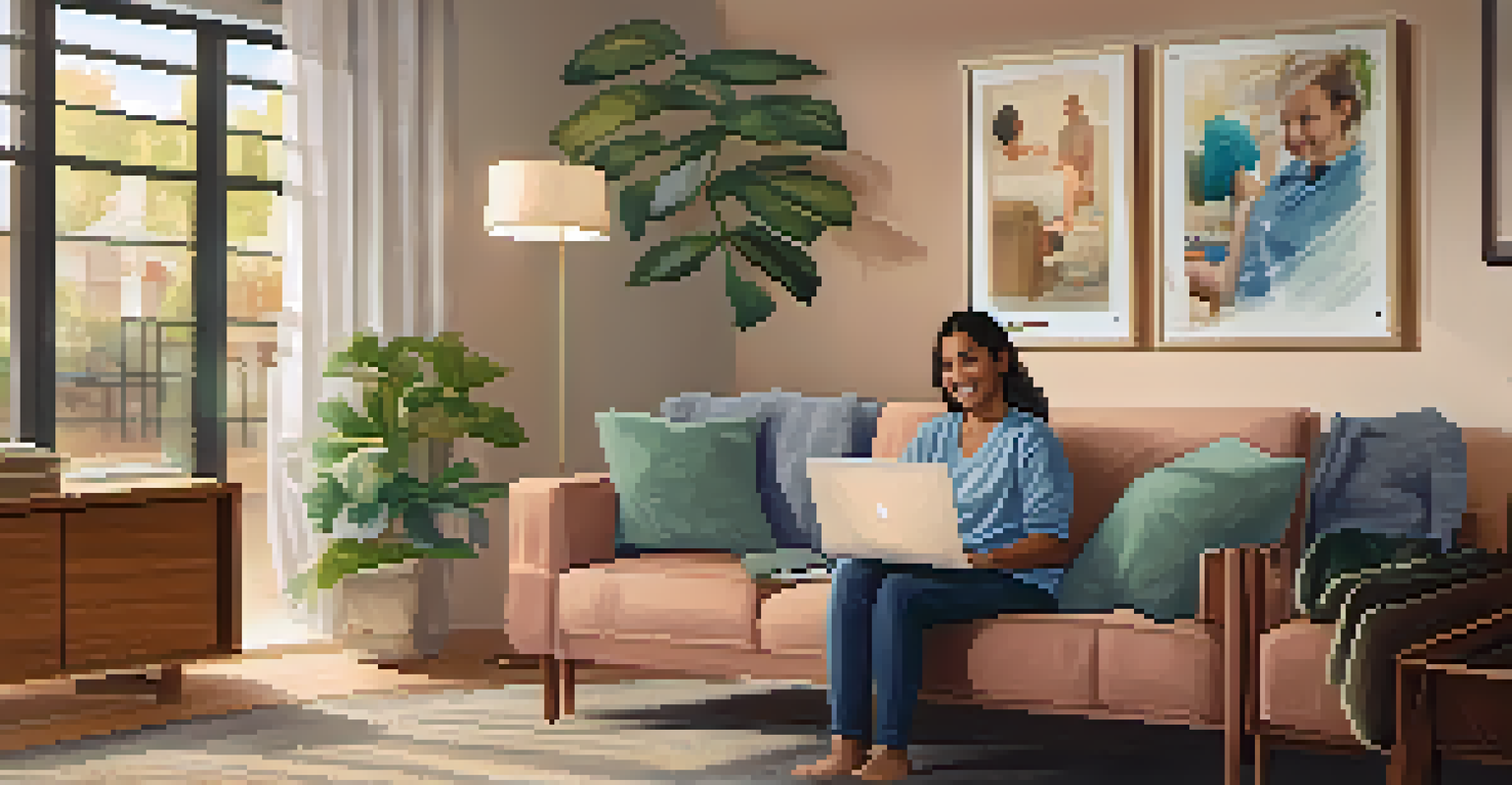A patient in a cozy living room using a laptop to access their digital health record portal, smiling with a sense of empowerment.