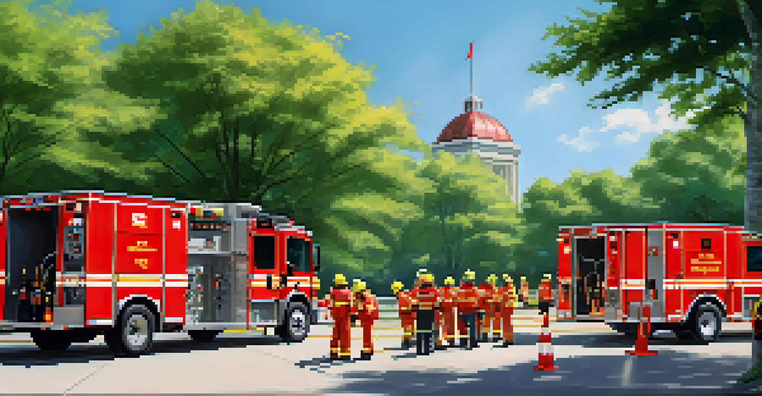 Employees participating in an outdoor safety drill, practicing evacuation procedures in a corporate setting.