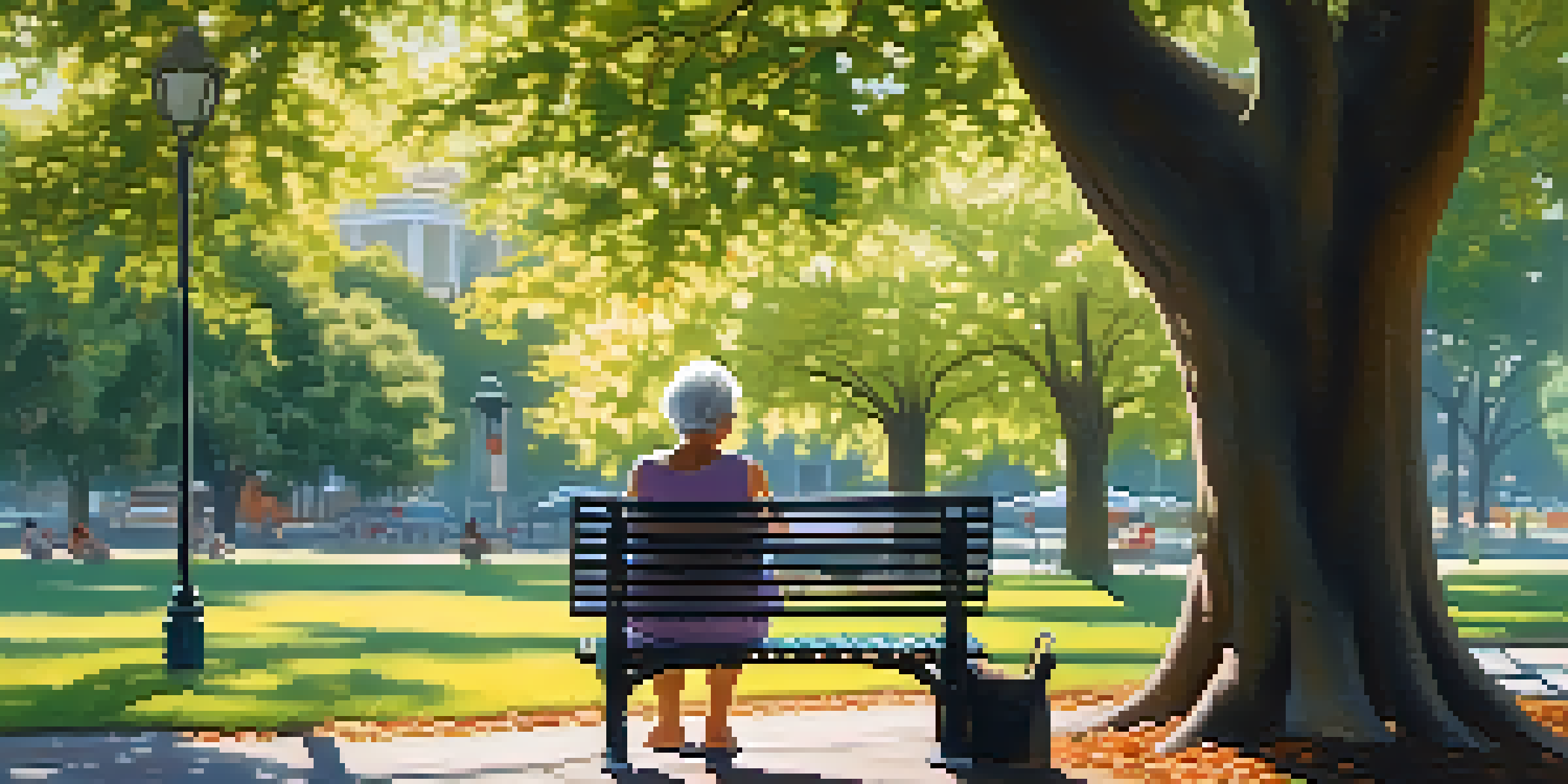 An older woman reading a book on a park bench surrounded by blooming flowers and sunlight filtering through tree leaves.